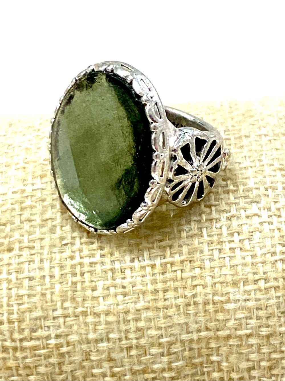 Lucky Brand Silver Ring with Olive Green Oval Cabochon